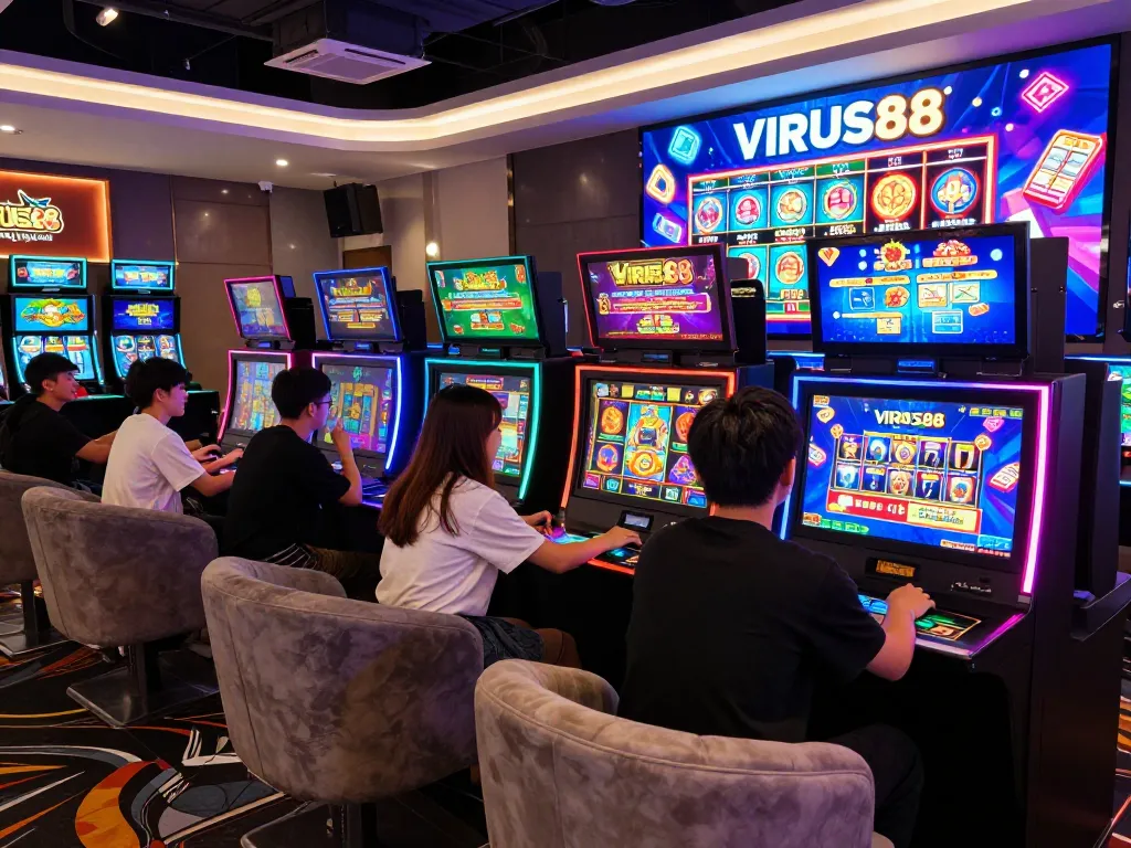 Simulasi permainan slot daring VIRUS88 yang menarik dengan pemain menikmati tampilan berwarna-warni dan suasana yang hidup.