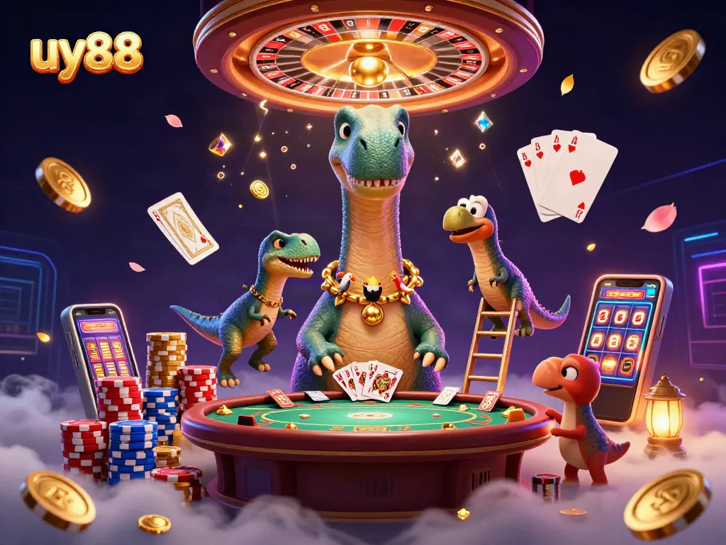Experience thrilling gameplay at uy88 with a vibrant 3D casino scene featuring unique characters and exciting elements.