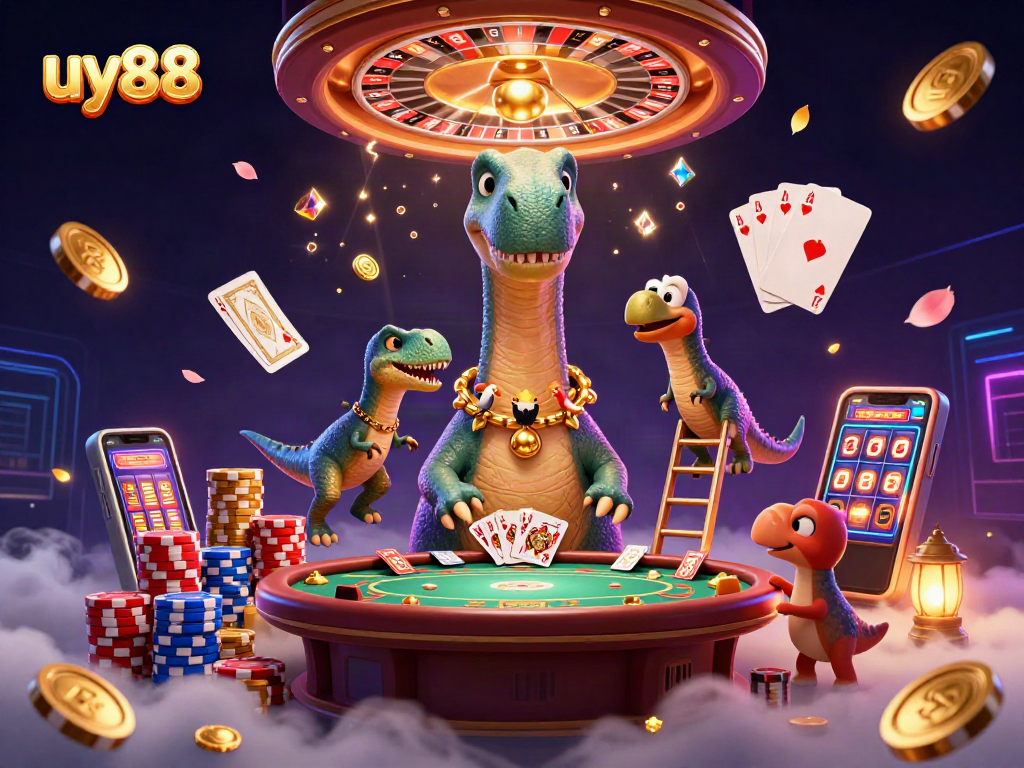 Experience thrilling gameplay at uy88 with a vibrant 3D casino scene featuring unique characters and exciting elements.
