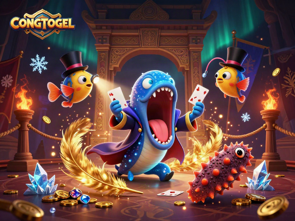 CONGTOGEL lively magic act with sea creatures in vibrant casino-themed environment.