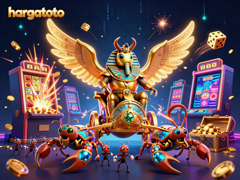 Mengakses hargatoto dengan beetle kostum berkilau dan simbol permainan meriah.