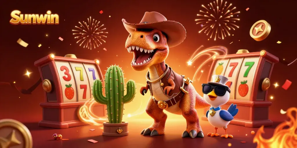 Experience the thrilling Sunwin casino adventure with vibrant characters and dynamic slot game elements.