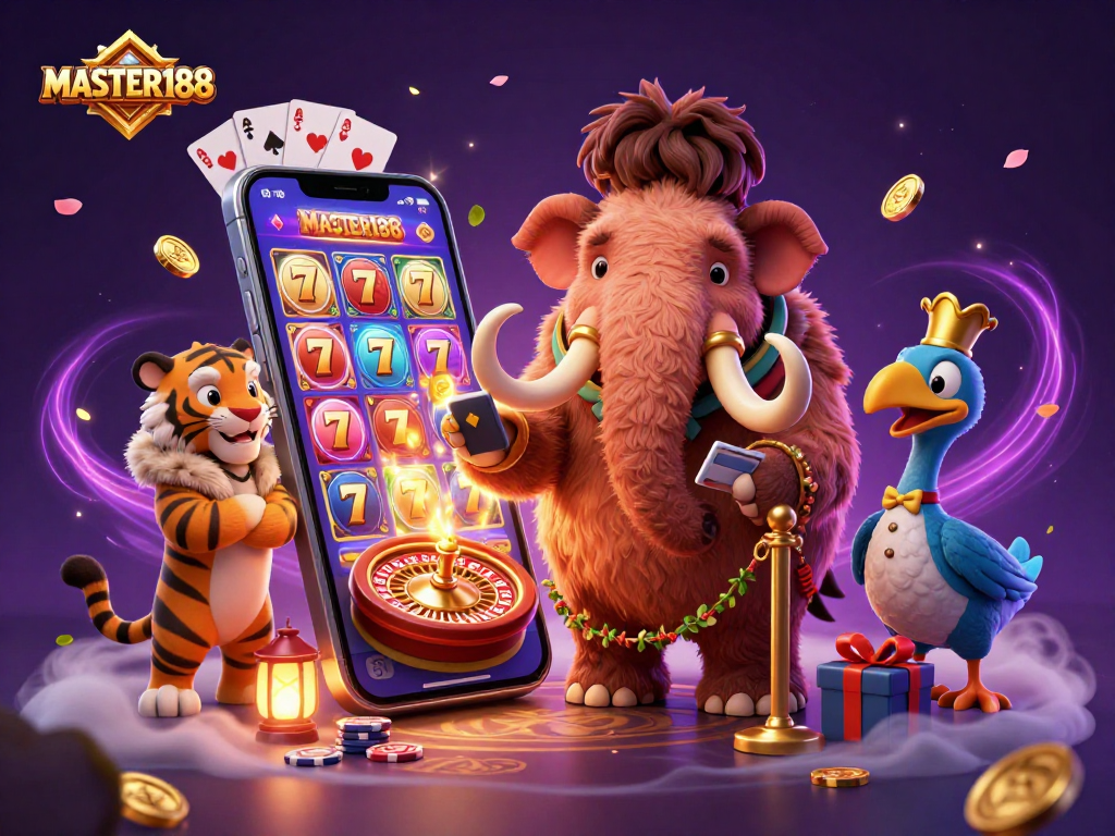 MASTER188's vibrant casino scene featuring a woolly mammoth bouncer checking IDs surrounded by slot game elements.