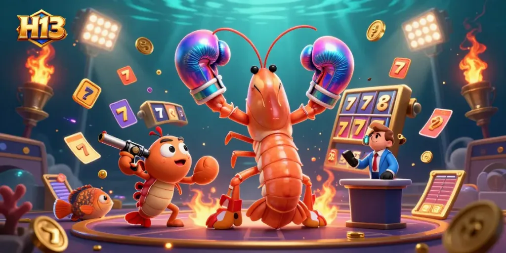 Bet big with H13 gaming strategies featuring 3D mantis shrimp and vibrant casino elements.