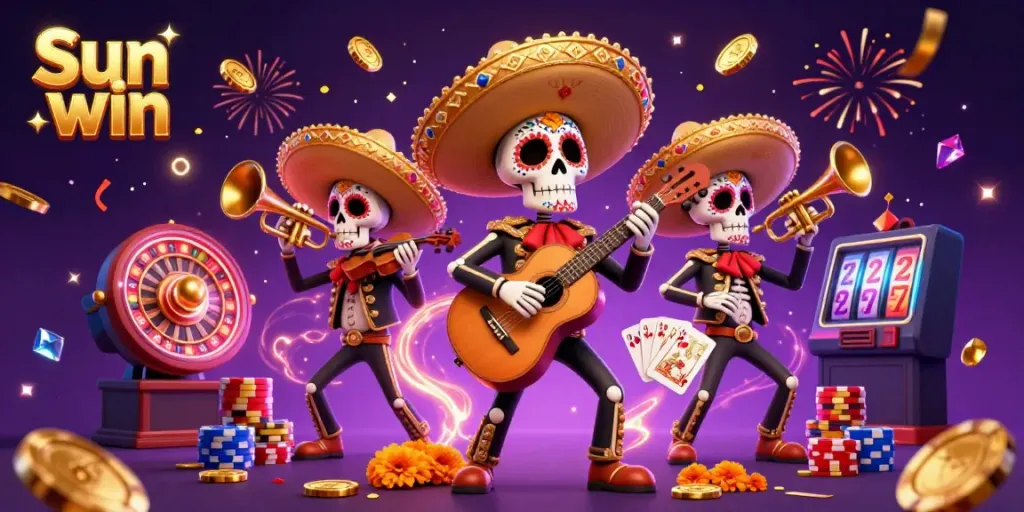 Experience excitement at Sun win with a vibrant 3D casino illustration of a skeleton mariachi band.