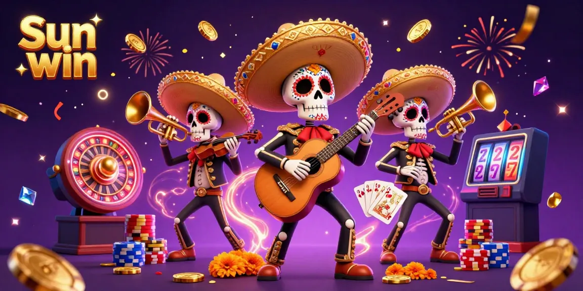 Experience excitement at Sun win with a vibrant 3D casino illustration of a skeleton mariachi band.