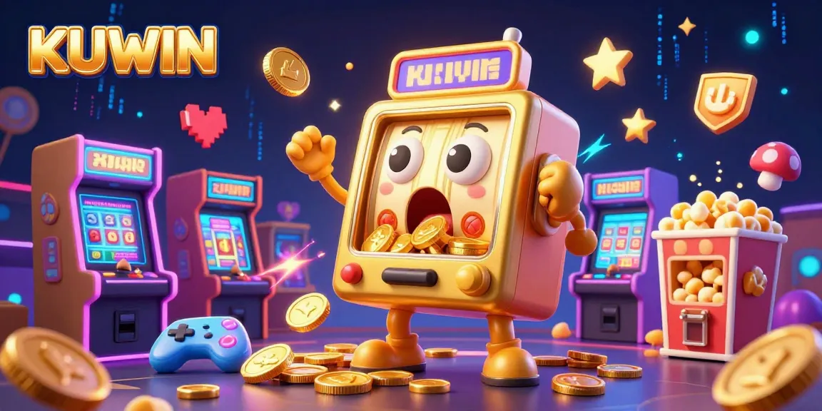 KUWIN slot machine celebrates a jackpot with coins, engaging in a lively casino scene.