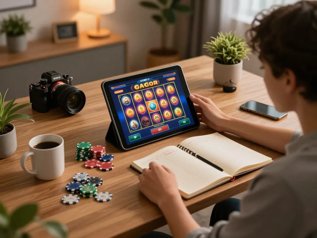Player enjoying a slot gacor game on tablet, cozy home ambiance with strategy notes.