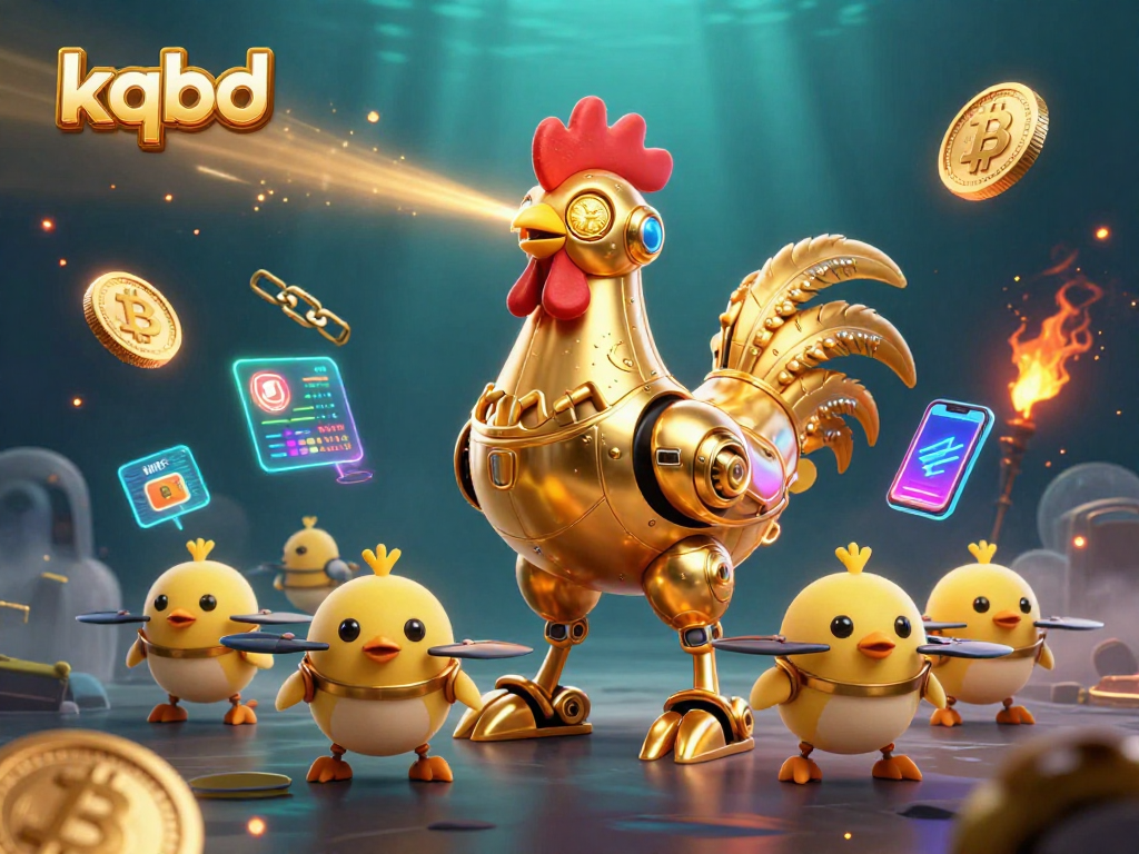 Engage with kqbd's dynamic scene featuring a golden rooster robot amidst crypto elements and vibrant energy.