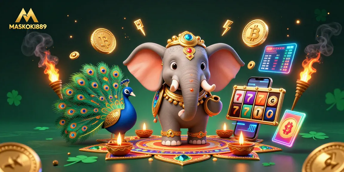 Engage in immersive gaming with MASKOKI889 featuring vibrant 3D artwork of an elephant and crypto elements.