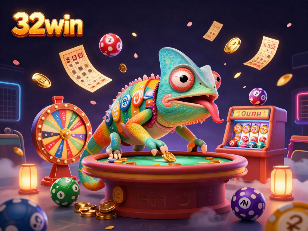 Experience gaming excitement with 32win in this vibrant 3D casino illustration featuring a chameleon, lottery elements, and rich backgrounds.