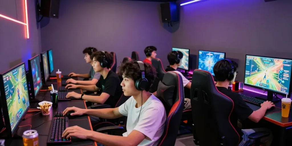 Ratutogel dalam suasana kafe gaming dengan kelompok teman bermain game bersama
