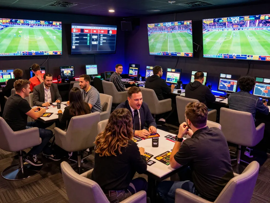 Betting strategies unfold in an energetic sports lounge at bj88bj, showcasing dynamic interactions and live games