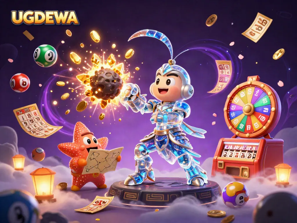 Engage with UGDEWA's vibrant slot games, showcasing golden coins and lottery excitement in this dynamic illustration.