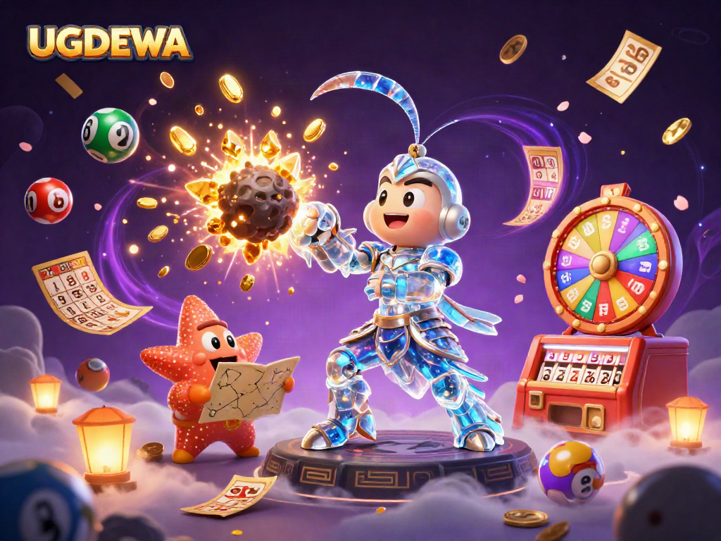 Engage with UGDEWA's vibrant slot games, showcasing golden coins and lottery excitement in this dynamic illustration.