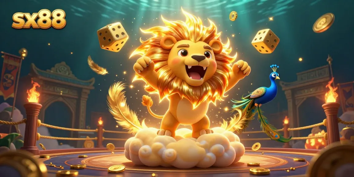 Experience the thrill of sx88 gaming with a vibrant 3D illustration of a roaring lion amidst golden casino elements.