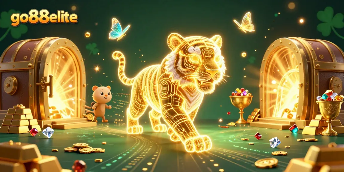 Experience the thrill of go88elite with a neon tiger and sparkling treasures in this vibrant digital casino.