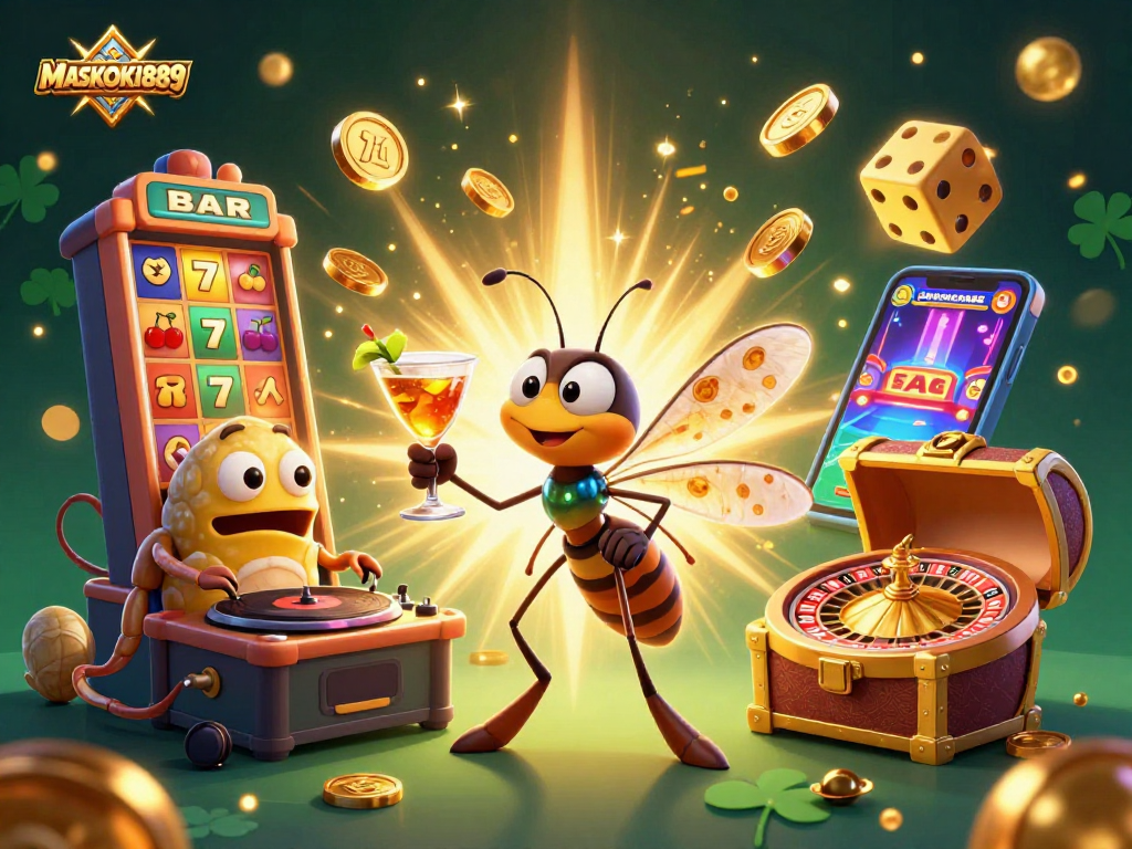 Experience a vibrant casino scene with MASKOKI889 featuring animated characters and thrilling gaming elements.