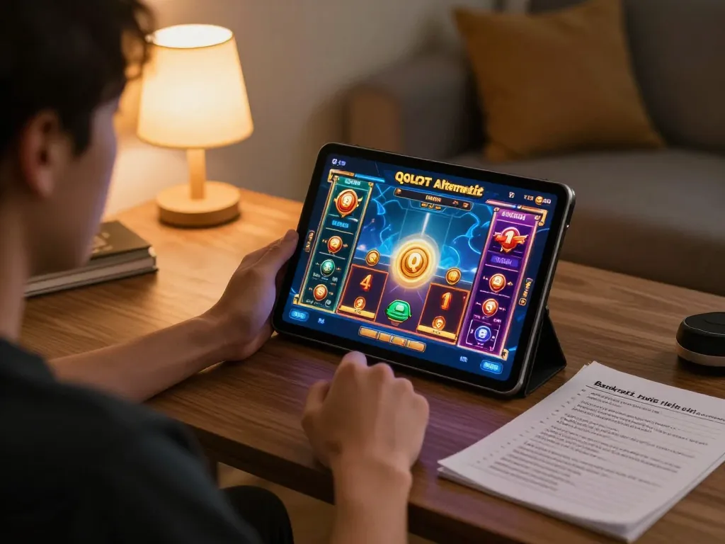 Engaging player enjoying QQSLOT Link Alternatif on a tablet, showcasing strategic online gaming.
