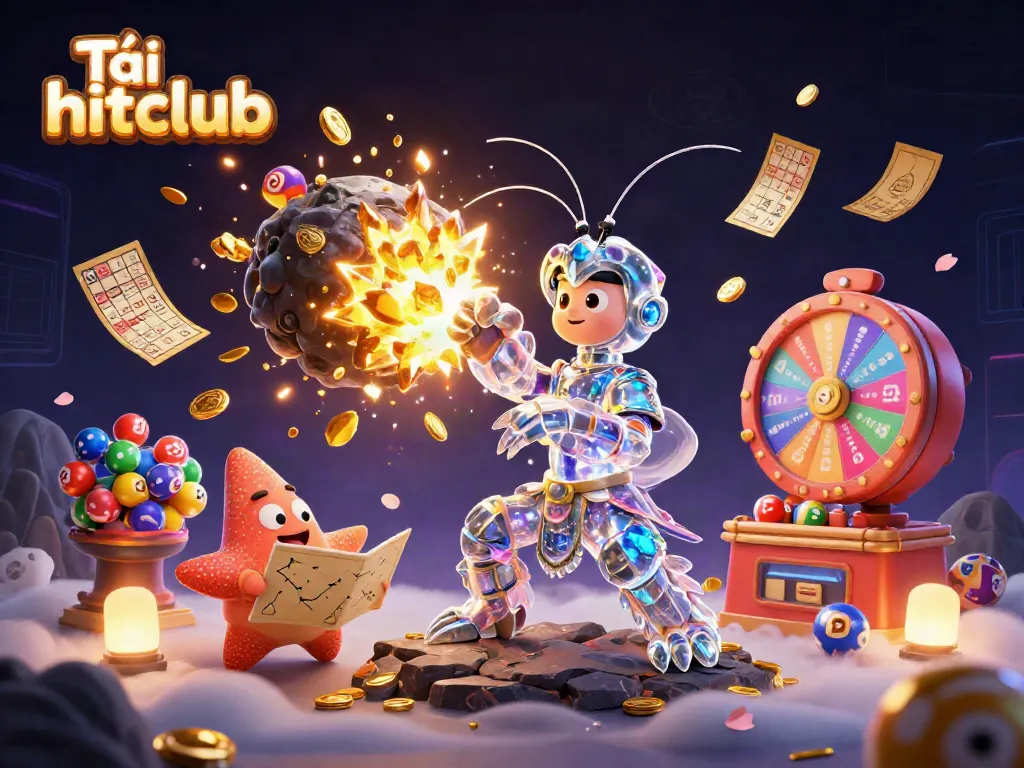 Tải hitclub and win prizes with a galactic samurai in this dynamic casino illustration featuring colorful lottery elements.