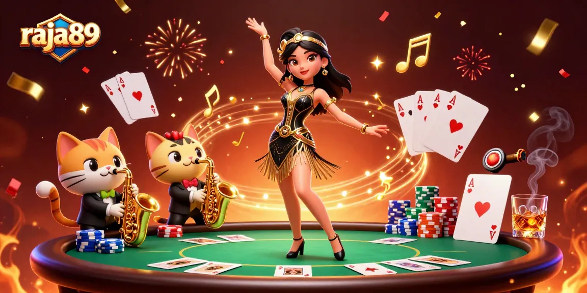 Engage with raja89 at the vibrant online casino, featuring lively poker and musical elements.