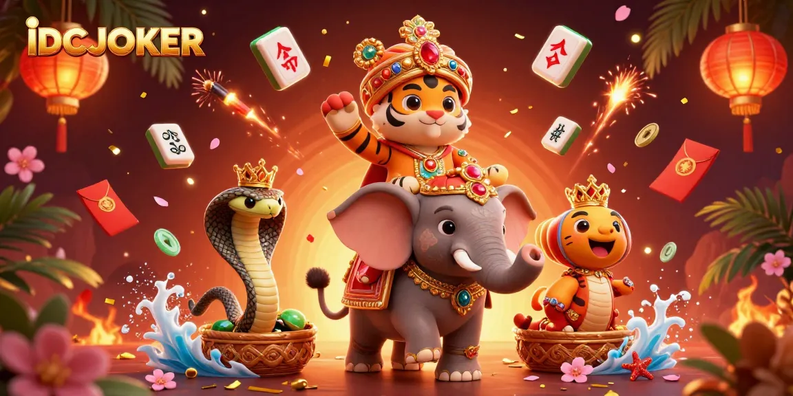 Engage with IDCJOKER’s vibrant casino experience through this colorful illustration featuring a maharaja, elephant, and festive elements.