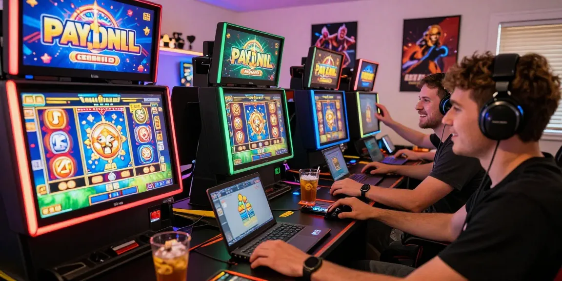 Players enjoying sniperslot games on colorful digital slots in a lively home gaming setup.