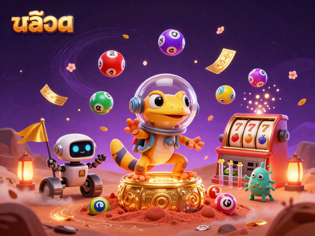 Experience thrilling สล็อต action with a Martian gecko discovering a golden casino in a vibrant cosmic setting.