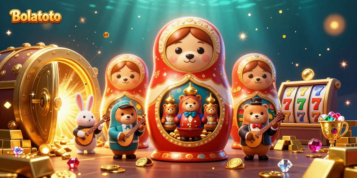 Bolatoto showcases a vibrant 3D illustration of casino bears revealing golden treasures and slot game elements.
