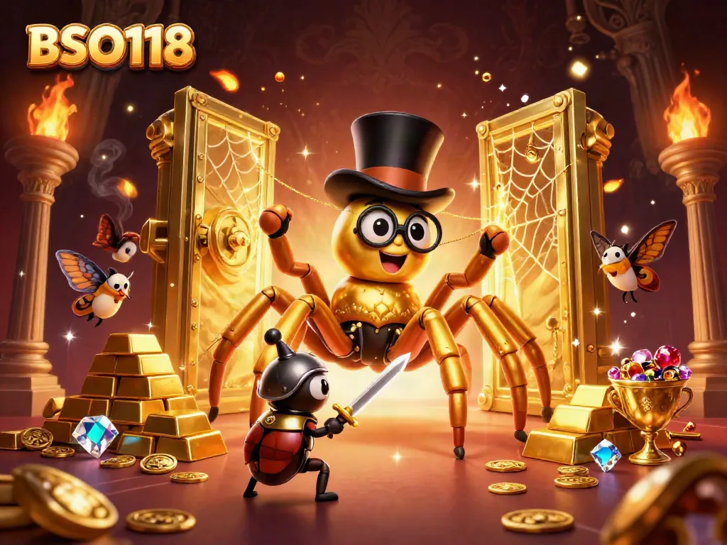 Engage with thrilling gameplay on BSO118 featuring a golden tarantula weaving riches in a casino.