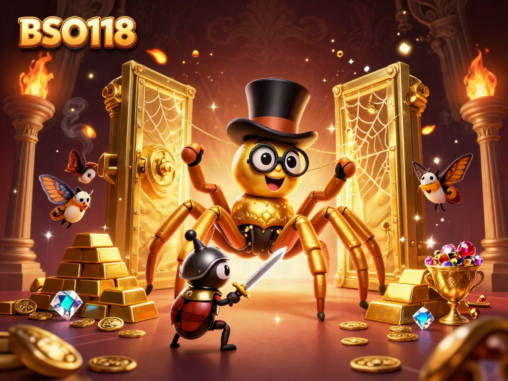 Engage with thrilling gameplay on BSO118 featuring a golden tarantula weaving riches in a casino.