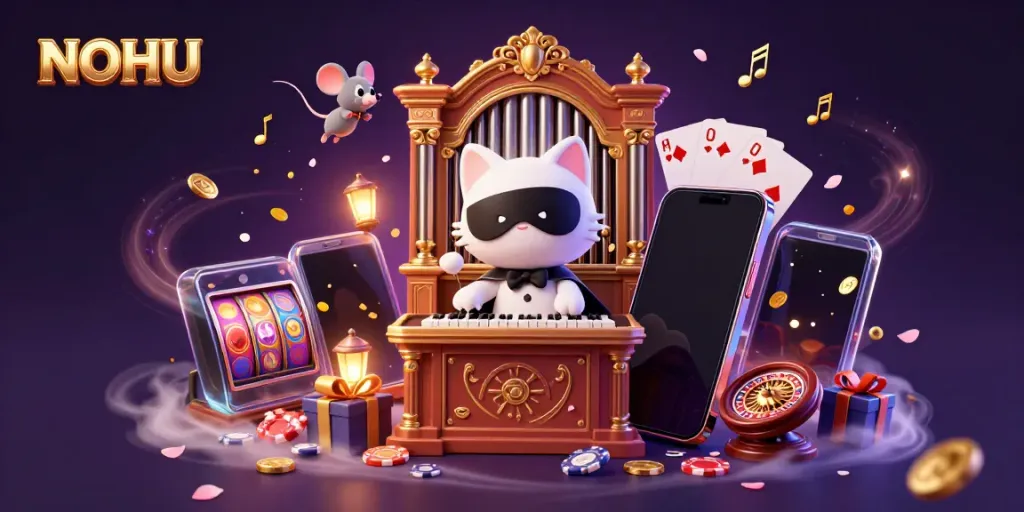 Experience big wins at NOHU with an animated casino scene featuring dynamic characters and games.