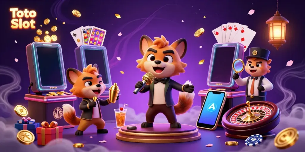 Hyena lucu di klub kasino bercerita sambil bermain Toto Slot, dipenuhi elemen kasino berwarna-warni.
