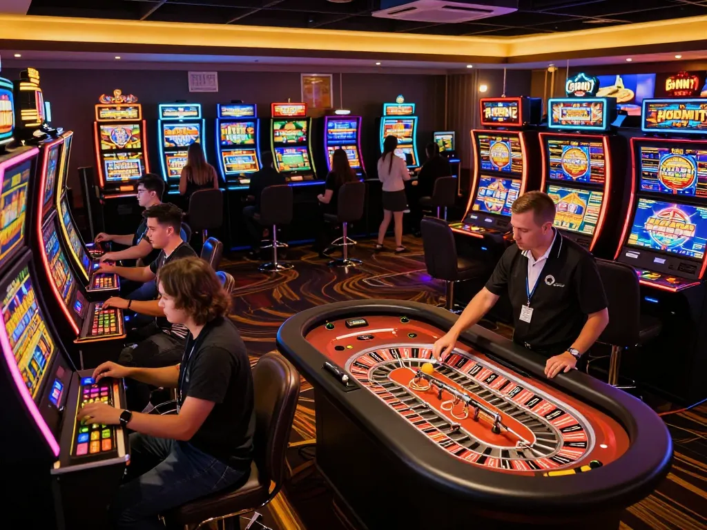 B52CLUB players enjoying vibrant slot machines and roulette games in a lively casino atmosphere.