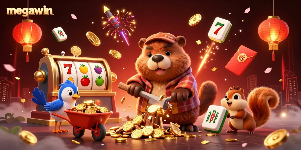 Mengumpulkan koin emas dengan Megawin, beaver pemotong kayu penuh semangat dikelilingi elemen kasino.