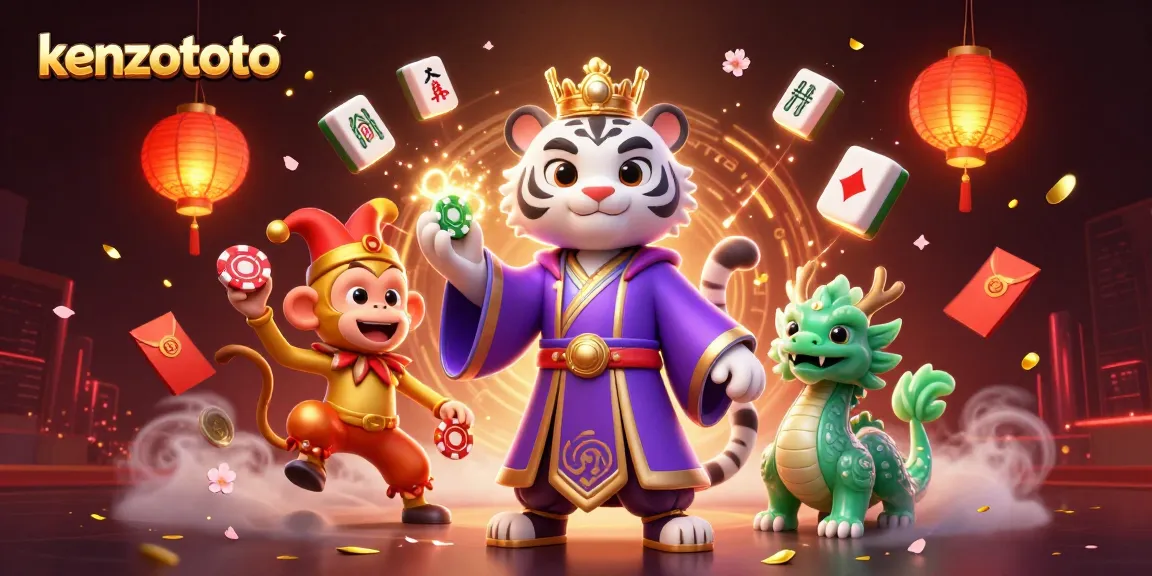 Experience kenzototo with a vibrant 3D illustration showcasing royal characters, games, and festive elements.