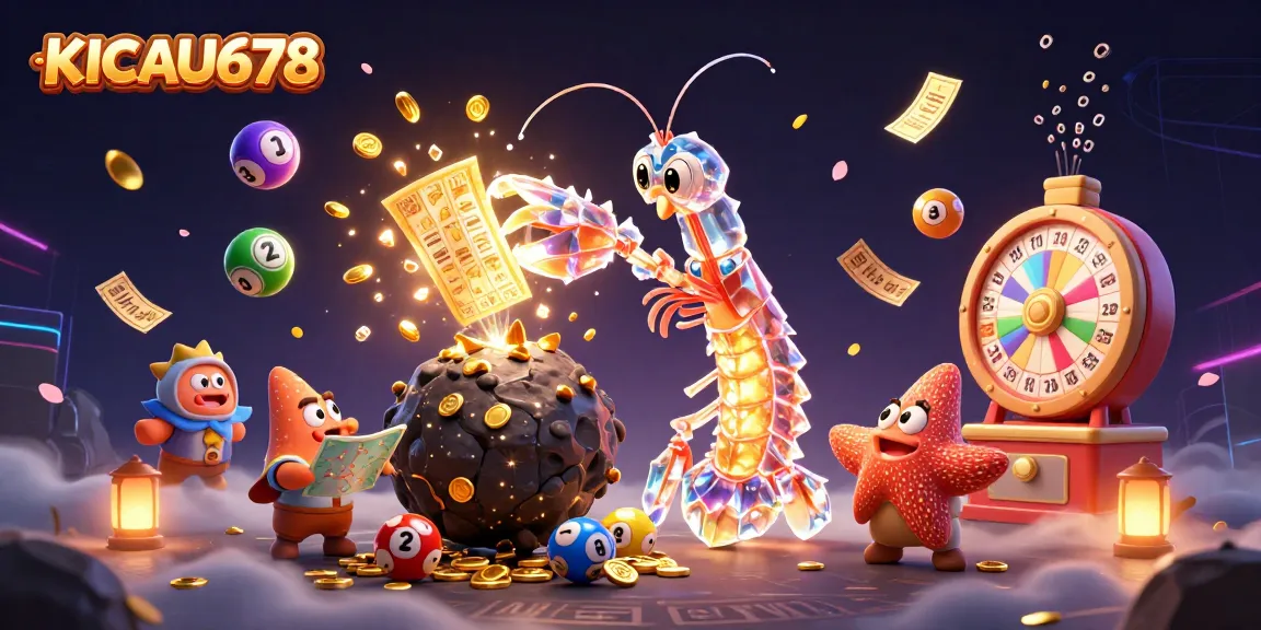KICAU678 showcases a vibrant 3D cartoon scene with a galactic mantis shrimp and lottery elements, capturing the excitement of gaming.