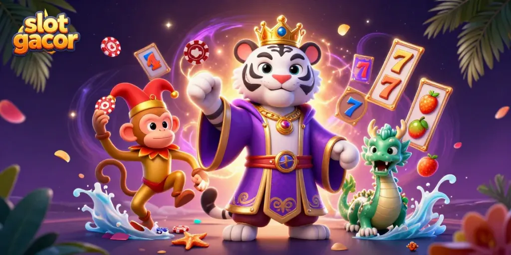 Menggandeng slot gacor dengan simbol slot, karakter kartun harimau putih dan monyet di suasana kaya