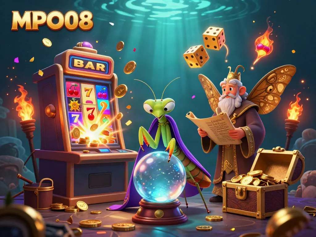 See MPO08's vibrant casino illustration featuring a fortune teller, a librarian, and vivid gaming elements.