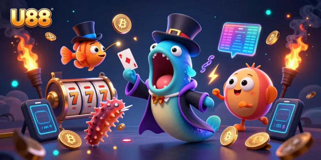 Experience winning with U88 in a rich, dynamic casino scene featuring vibrant characters and gaming elements.