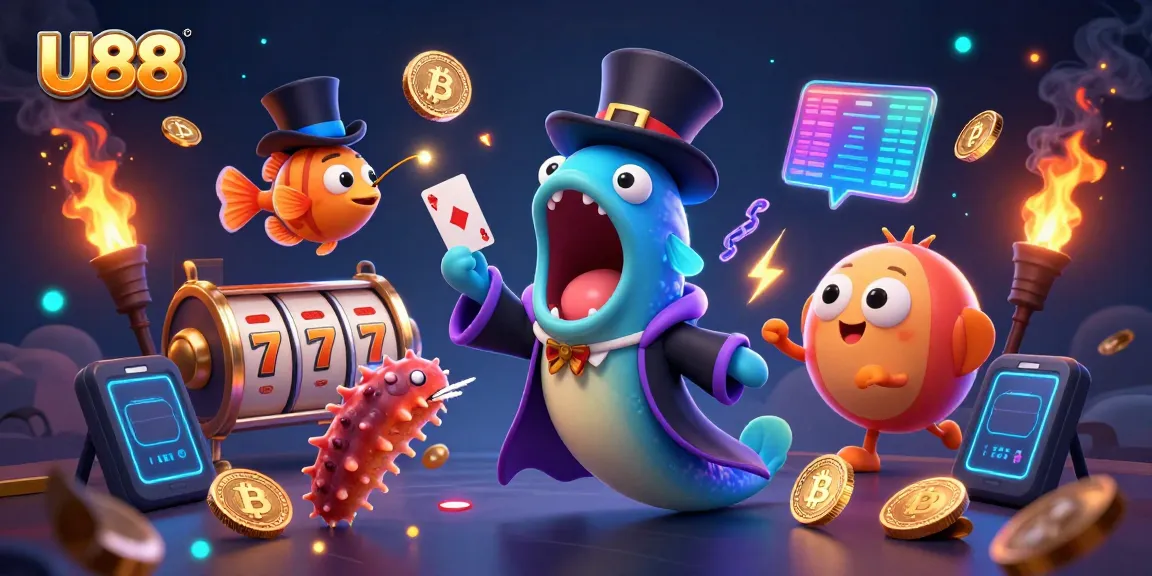 Experience winning with U88 in a rich, dynamic casino scene featuring vibrant characters and gaming elements.