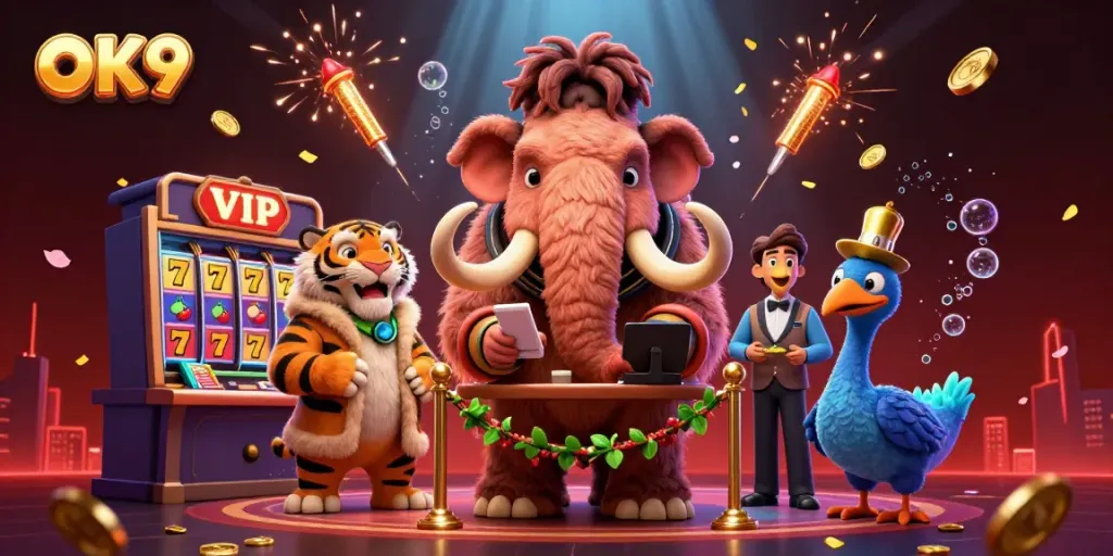 Experience the excitement at OK9 with a vibrant casino scene featuring a woolly mammoth bouncer and dynamic gaming elements.