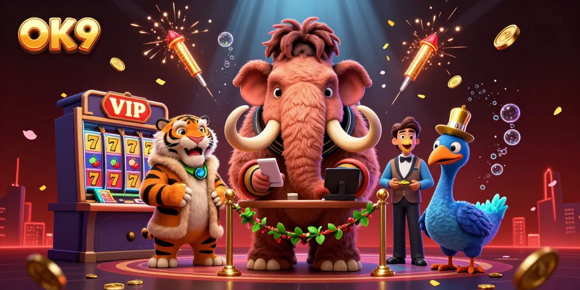 Experience the excitement at OK9 with a vibrant casino scene featuring a woolly mammoth bouncer and dynamic gaming elements.