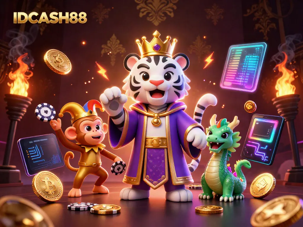 Experience the excitement of IDCASH88 with a vibrant 3D scene featuring a regal tiger, golden monkey, and jade dragon amidst dynamic gambling elements.