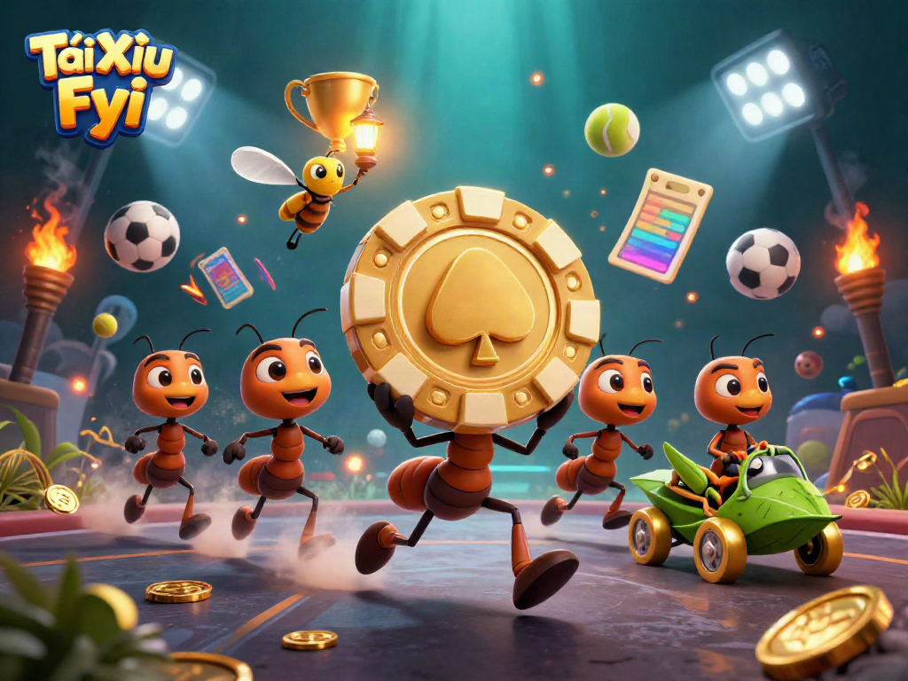 Tài Xỉu Fyi ants orchestrating a heist with a golden poker chip surrounded by casino elements.