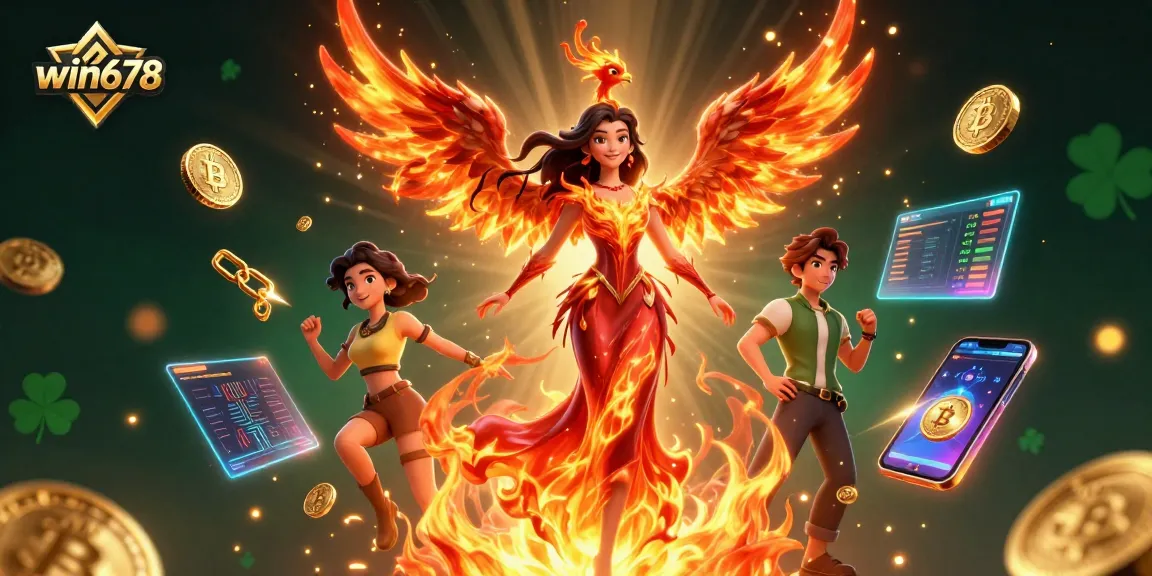 Win678 showcases a stunning Asian woman in fiery attire, accompanied by dynamic game symbols, enhancing casino gaming excitement.