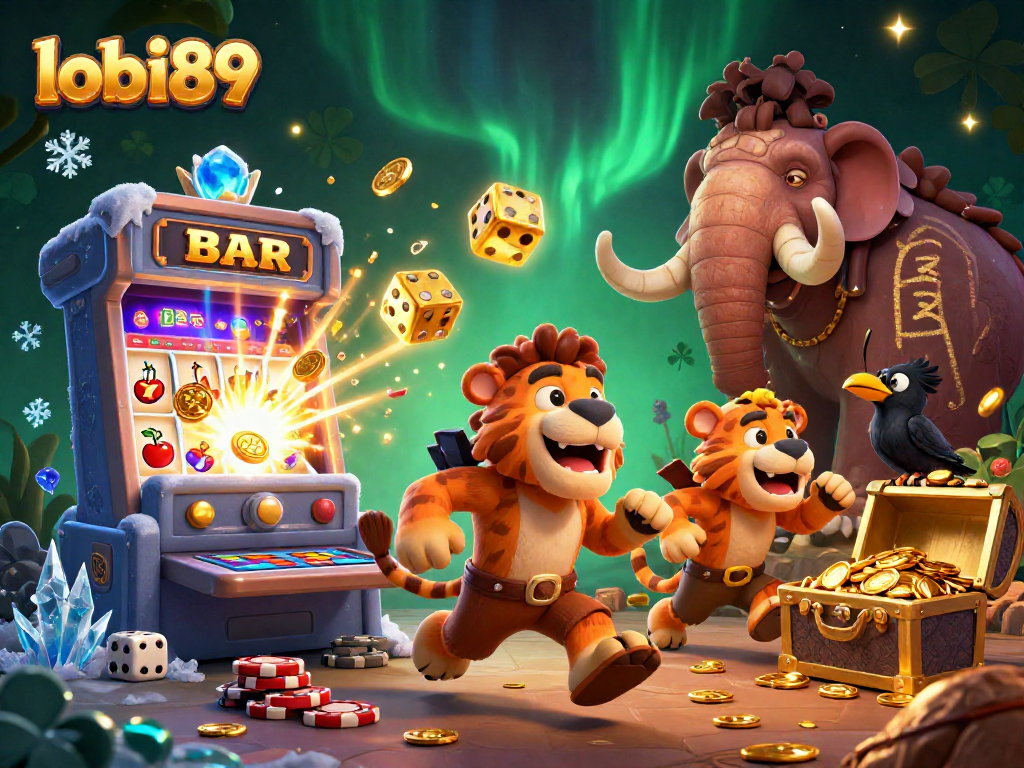 lobi89 merayakan jackpot besar dengan ilustrasi kasino pra-sejarah yang menarik dan dinamis.