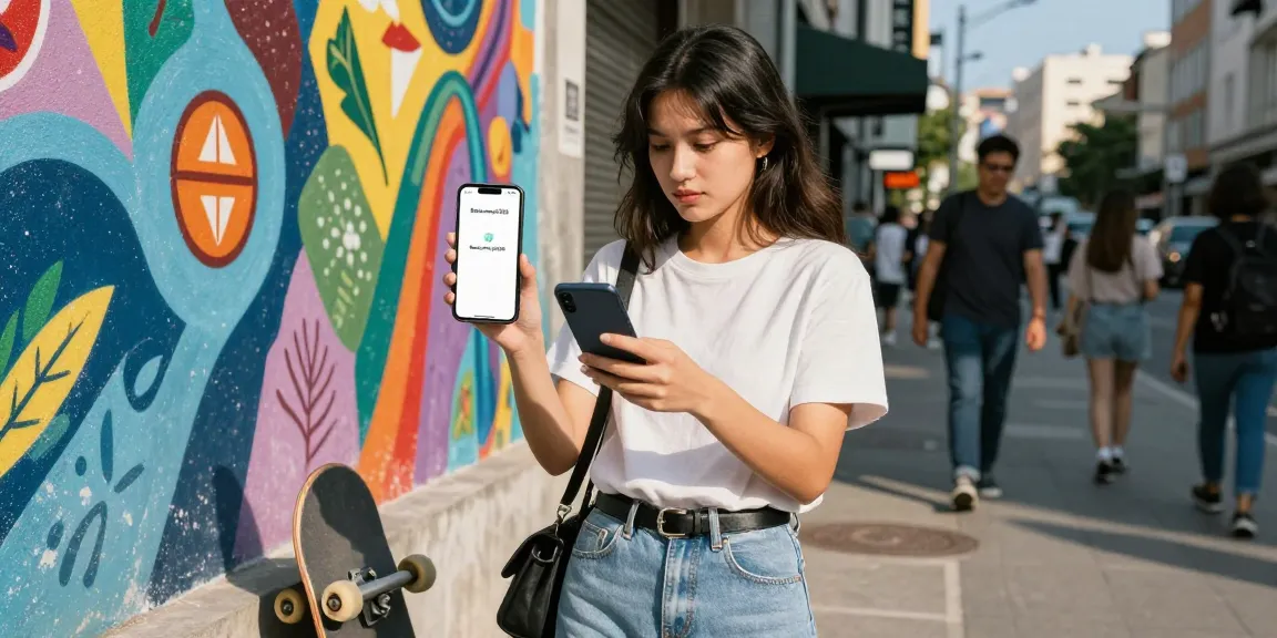 Gadis muda mengenakan streetwear trendy sambil memeriksa interpretasi mimpi di aplikasi bukumimpi138 di latar belakang mural warna-warni.