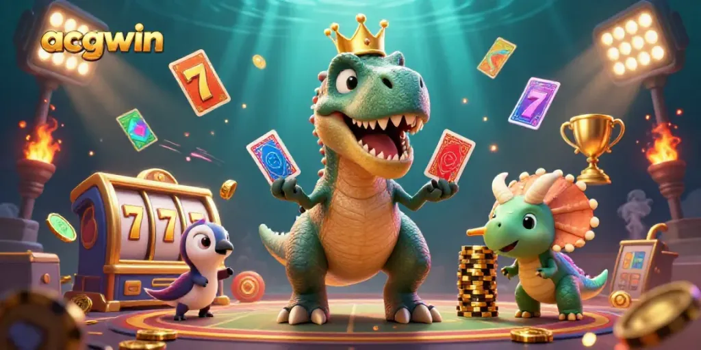 Engage with acgwin's exciting casino features, featuring a dinosaur-themed slot scene with colorful elements.