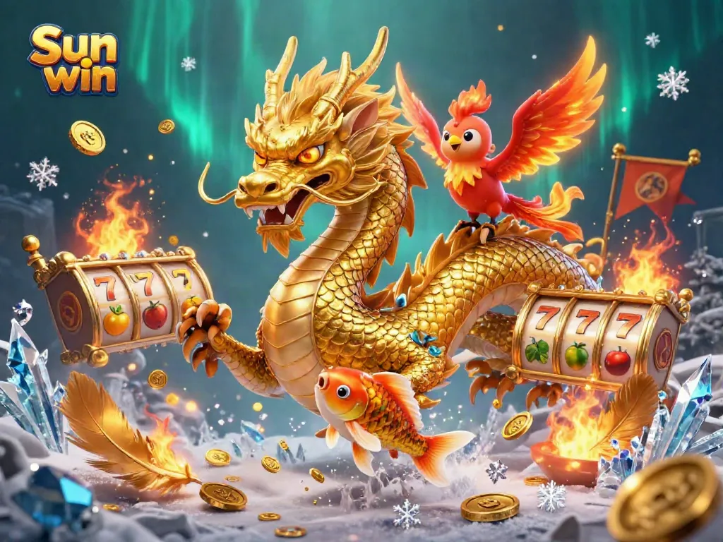 Engage with the thrilling world of Sun win as a golden dragon and phoenix soar above slot game symbols.